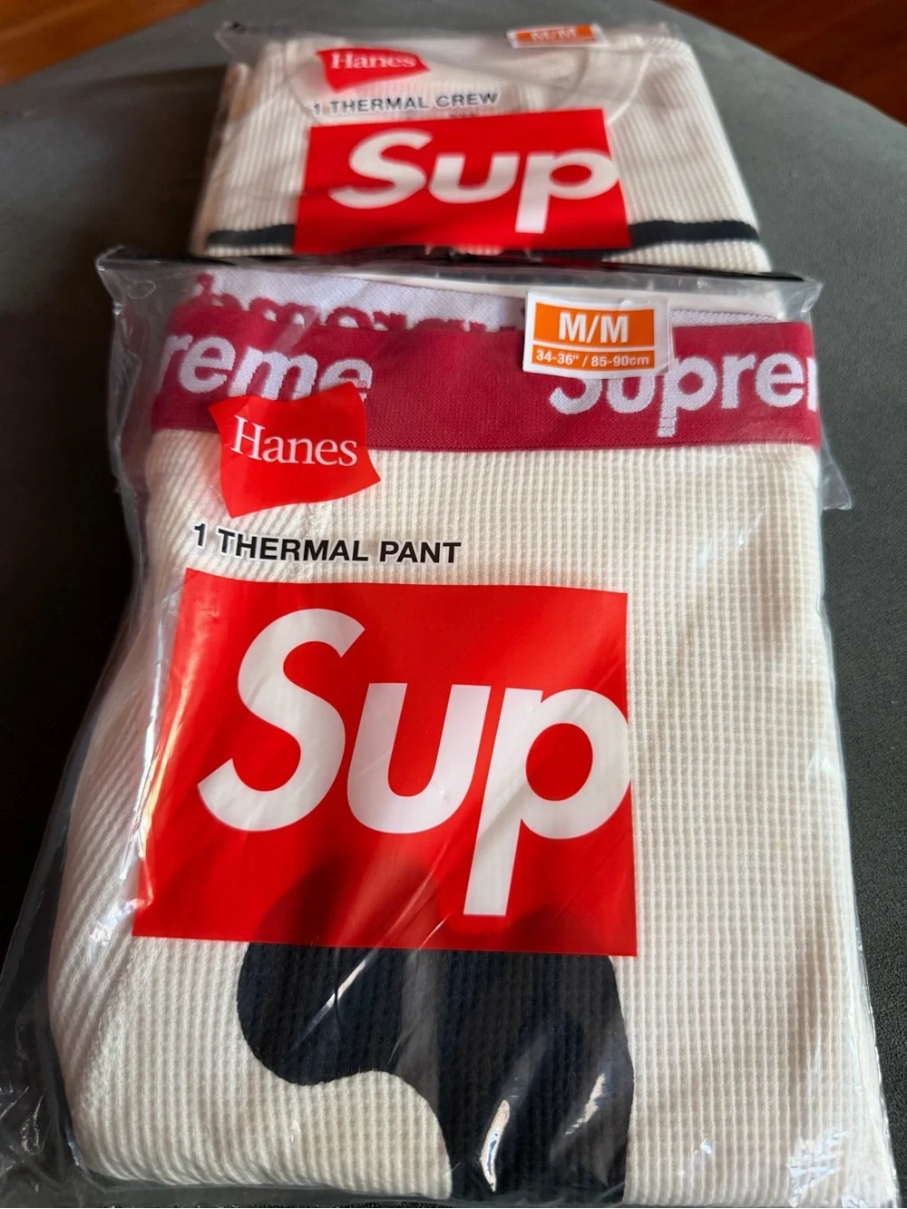 Hanes White Thermal Pant & Crew with Red Logo Band - Picture 2 of 4